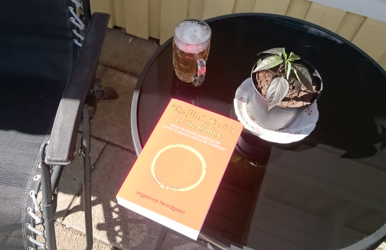 A book and a glass of beer in the sun - it is red and 4cm thick.